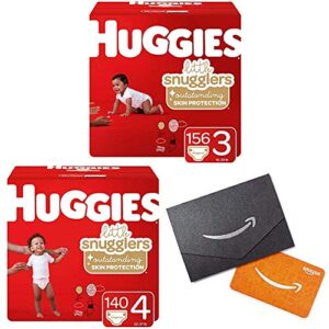 huggies little snugglers baby diapers, size 3, 156 ct & size 4, 140 ct, one month supply with gift card