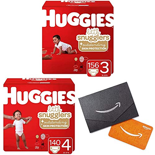 Huggies Little Snugglers Baby Diapers, Size 3, 156 Ct & Size 4, 140 Ct, One Month Supply with Gift Card