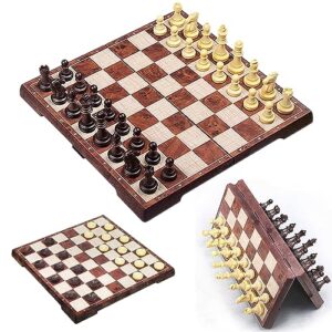 qlisytpps wooden travel chess set,waterproof chess checkers 2-in-1 magnetic chess board set,12.6 in x 12.6 in portable folding chess,beginner chess sets for children and adults