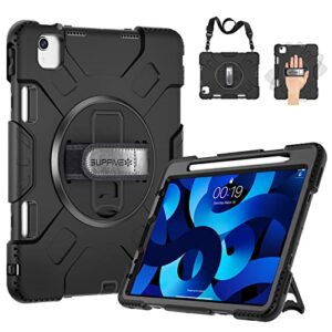 supfives case for ipad air 5th generation 10.9 inch 2022: military grade silicone protective cover for ipad air 4th gen/ipad pro 11 with pencil holder+ rotating stand+ handle+ shoulder strap(black)