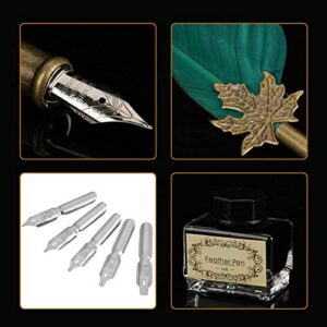 Fountain Pens, Handmade Dip Pen English Calligraphy Feather Dip Quill Pen Writing Ink Set with 5 Replacement Metal Nibs and Pen Nib Base for Stationery(Green)