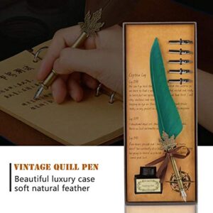 Fountain Pens, Handmade Dip Pen English Calligraphy Feather Dip Quill Pen Writing Ink Set with 5 Replacement Metal Nibs and Pen Nib Base for Stationery(Green)