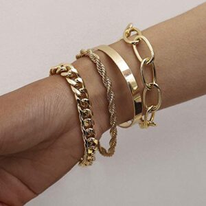 fxmimior dainty boho gold silver chain bracelets set for women adjustable fashion beaded chunky flat cable chain punk bracelets jewelry for women girls gift set of 4 (gold)