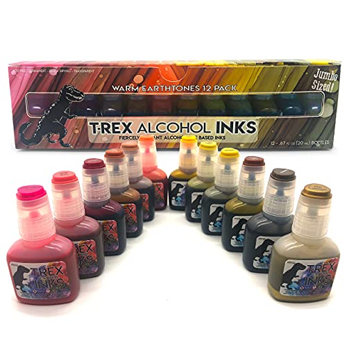 T-Rex Inks Premium Alcohol Inks Warm Earth Set- 12 Warm Tone Colors - Alcohol Ink for Epoxy Resin Dye, Painting, Tumbler Making & More - Includes Storage Box & Metallic Gold Ink - 20ml Bottles