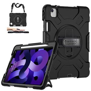 case for ipad air 5th/4th generation: military grade protective cover ipad pro 11 inch case & ipad air 5/4 case 10.9 inch (2022/2020) w/pencil holder- stand- handle- shoulder strap- black