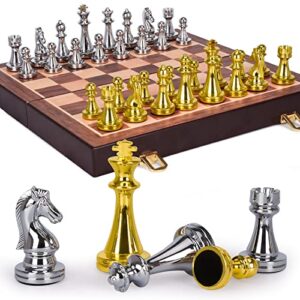 agirlgle metal chess set for adults and kids – deluxe chess board with chess pieces – travel wooden chess set with metal pieces – folding chessboard – ideal for beginners and professional players
