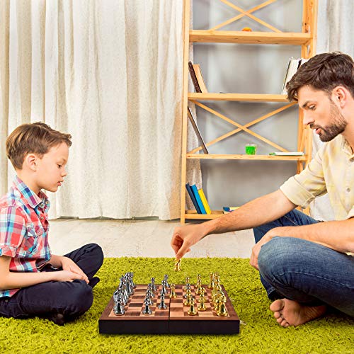 Agirlgle Metal Chess Set for Adults and Kids – Deluxe Chess Board with Chess Pieces – Travel Wooden Chess Set with Metal Pieces – Folding Chessboard – Ideal for Beginners and Professional Players