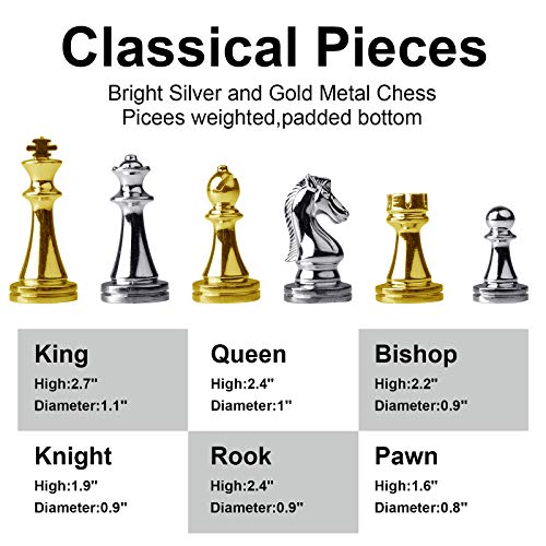 Agirlgle Metal Chess Set for Adults and Kids – Deluxe Chess Board with Chess Pieces – Travel Wooden Chess Set with Metal Pieces – Folding Chessboard – Ideal for Beginners and Professional Players