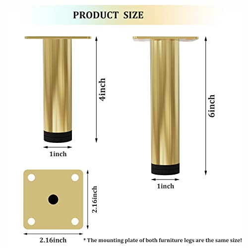 M MIMHOOY Furniture Legs 4 inches, Modern Metal Sofa Legs Furniture Support Feet Replacement Leg for Sofa Couch Chair Ottoman Cabinet Table Set of 4 (Gold)