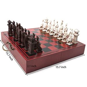 IADUMO 15.7" x 15.7" Large Chess Sets for Adults,Portable Folding Wooden Chess Board Travel Chess Set Board Game with Handmade Terracotta Warriors Chess Pieces &Storage Drawers