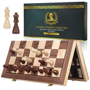 vahome magnetic chess board set for adults & kids, 15" wooden folding chess boards, handcrafted portable travel chess game for beginner tournament with pieces storage slots & 2 extra queens