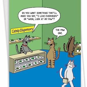 NobleWorks - 1 Funny Animal Card for Birthdays - Pet Cat and Dog Humor, Birthday Notecard with Envelope - Catnip Dispensary C9315BDG