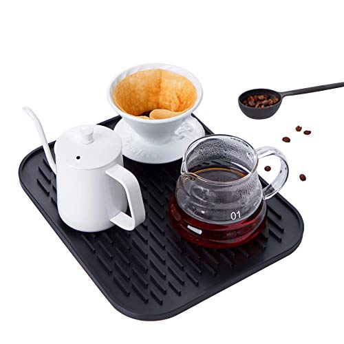 Necery Drying Mat For Pour Over Coffee Maker Set Bar Service Spill Mat Heat Resistant Silicon Mats Counter Top Dryer Pad Food Grade Glassware Drainer Black