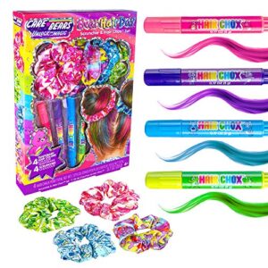 fashion angels care bear hair day scrunchie and hair chox set, creative gifts for girls, includes 4 care bears printed hair scrunchies and 4 temporary hair chalk pens, for ages 6 and up