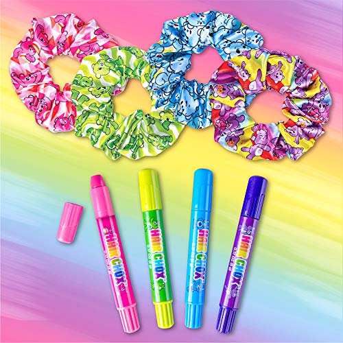 Fashion Angels Care Bear Hair Day Scrunchie and Hair Chox Set, Creative Gifts for Girls, Includes 4 Care Bears Printed Hair Scrunchies and 4 Temporary Hair Chalk Pens, for Ages 6 and Up