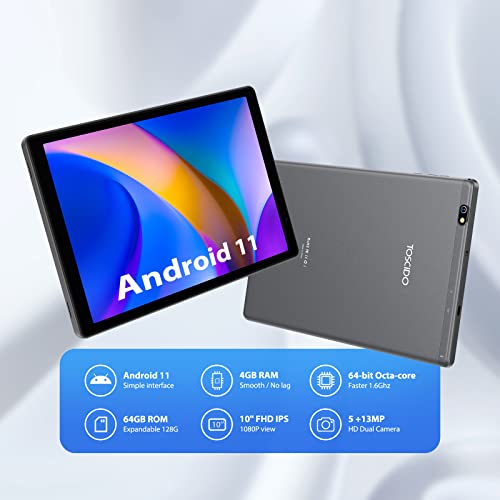 TOSCiDO Tablet 10 inch Octa Core Tablet Android 11,4GB RAM,64GB ROM Expand to 1 TB,13M&5M Camera,5G Wi-Fi,Bluetooth 5.0,GPS,Type-C,Include Bluetooth Keyboard,Mouse,Tablet Case and More - Silver