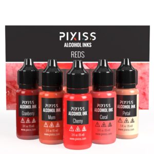 pixiss reds alcohol inks set, 5 shades of highly saturated red alcohol ink, for resin petri dishes, alcohol ink paper, tumblers, coasters, resin dye