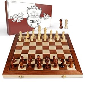 elementi magnetic chess board set for adults & kids - 15" wooden chess set - handcrafted portable travel chess game with pieces storage slots & 2 extra queens