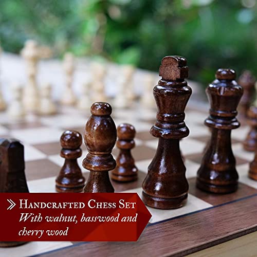 Elementi Magnetic Chess Board Set for Adults & Kids - 15" Wooden Chess Set - Handcrafted Portable Travel Chess Game with Pieces Storage Slots & 2 Extra Queens