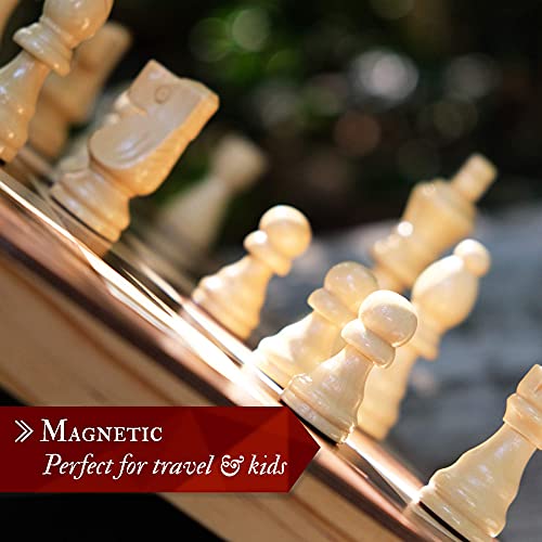 Elementi Magnetic Chess Board Set for Adults & Kids - 15" Wooden Chess Set - Handcrafted Portable Travel Chess Game with Pieces Storage Slots & 2 Extra Queens