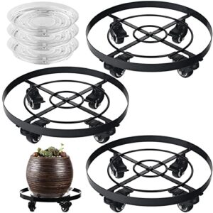 3 packs large metal plant caddy 12.6” plant dolly with wheels heavy-duty wrought iron rolling plant stand with casters for indoor and outdoor plant pot rollers black, 12" clear plant saucers included