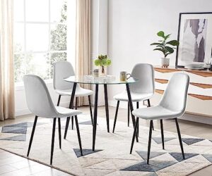 stylifing dining table set for 4 modern 5 pieces dining room set mid century round tempered glass kitchen table and 4 light grey modern velvet fabric upholstered kitchen chair with metal legs