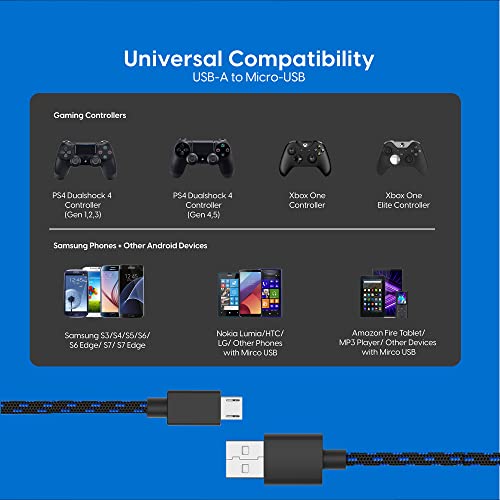 TALK WORKS Long Controller Charging Cable for Playstation 4-10-Foot Long Braided Micro USB Cord Charger Cord for PS4 Controller - Blue-Black, 2 Pack