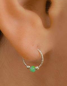 Silver Hoop Earrings - Dainty Hoop Earrings with Green 3mm Opal - Small 20 Gauge Cartilage Earring - A Pair Of 2 Huggie Hoop Earrings