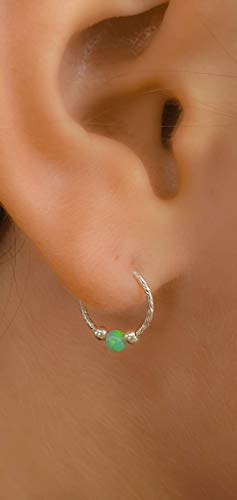 Silver Hoop Earrings - Dainty Hoop Earrings with Green 3mm Opal - Small 20 Gauge Cartilage Earring - A Pair Of 2 Huggie Hoop Earrings