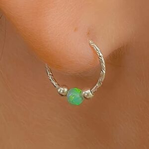 Silver Hoop Earrings - Dainty Hoop Earrings with Green 3mm Opal - Small 20 Gauge Cartilage Earring - A Pair Of 2 Huggie Hoop Earrings