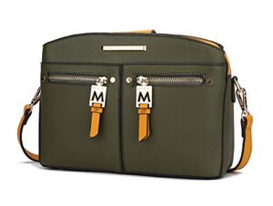 mkf crossbody bag for women – pu leather pocketbook handbag – designer side messenger purse, shoulder crossover olive green-mustard