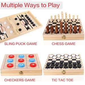 Sling Puck Game, Chess Checkers Game Set, 4 in 1 Board Game, Fast Hockey Table Game, Tic Tac Toe Slingshot Chess Set for Kids