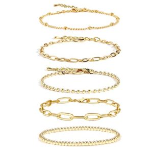conran kremix gold chain bracelet sets for women girls 14k gold plated dainty link paperclip bracelets stake adjustable layered gold bracelet for women trendy gold jewelry for women