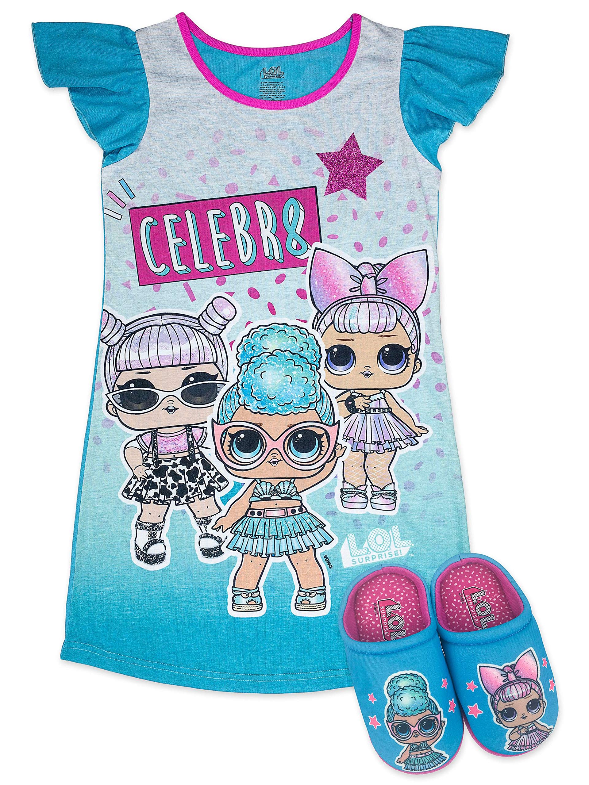 L.O.L. Surprise! Girls Pajama Set, Dorm PJs with Slippers, Rocker Diva MC Swag Opal Q.T. Pearl Q.T (Girls 6/6X, Turquoise)