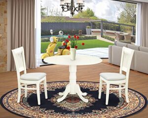 east west furniture dublin 3 piece modern set contains a round wooden table with dropleaf and 2 fabric upholstered dining chairs, 42x42 inch, linen white