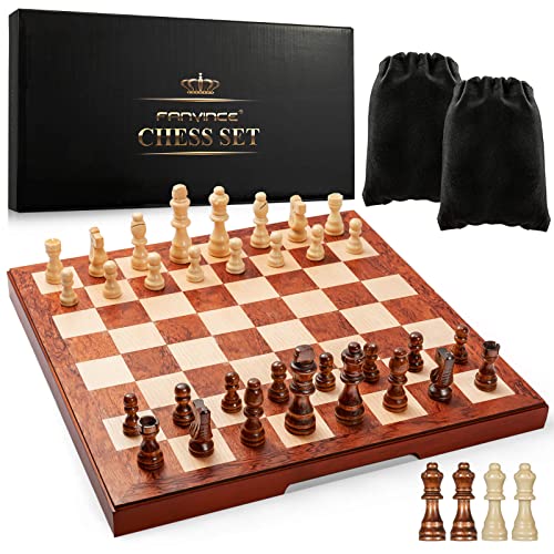 Chess Set 15" Wooden Board Game - Wood Sets with 2 Storage Bags and 2 Extra Queens - Gifts Box for Men Dad