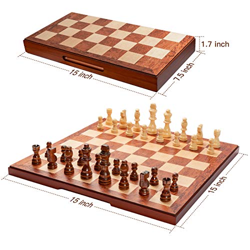 Chess Set 15" Wooden Board Game - Wood Sets with 2 Storage Bags and 2 Extra Queens - Gifts Box for Men Dad