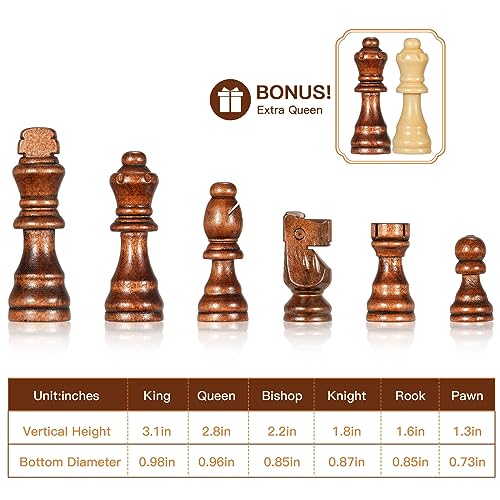 Chess Set 15" Wooden Board Game - Wood Sets with 2 Storage Bags and 2 Extra Queens - Gifts Box for Men Dad