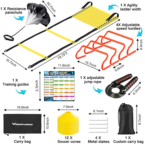 X-UMEUS Agility Ladder Speed Training Equipment Set - Includes 20ft Agility Ladder, Resistance Parachute, 4 Agility Hurdles, 12 Disc Cones for Training Football Soccer Basketball Athletes