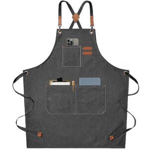 afun chef aprons for men women with large pockets, cotton canvas cross back heavy duty adjustable work apron, size m to xxl(grey)