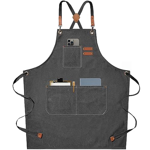 AFUN Chef Aprons for Men Women with Large Pockets, Cotton Canvas Cross Back Heavy Duty Adjustable Work Apron, Size M to XXL(Grey)