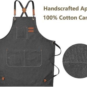 AFUN Chef Aprons for Men Women with Large Pockets, Cotton Canvas Cross Back Heavy Duty Adjustable Work Apron, Size M to XXL(Grey)