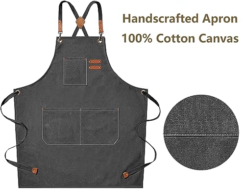 AFUN Chef Aprons for Men Women with Large Pockets, Cotton Canvas Cross Back Heavy Duty Adjustable Work Apron, Size M to XXL(Grey)