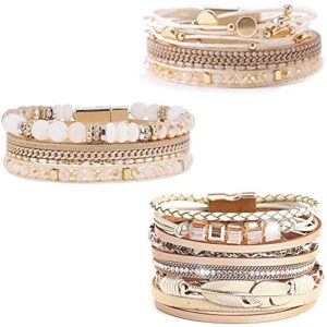 Wovanoo Leather Wrap Bracelet Set 3Pack Multilayer Cuff Bracelet Magnetic Clasp Bracelet Bead Crystal Bracelet for Women Girls Crystal