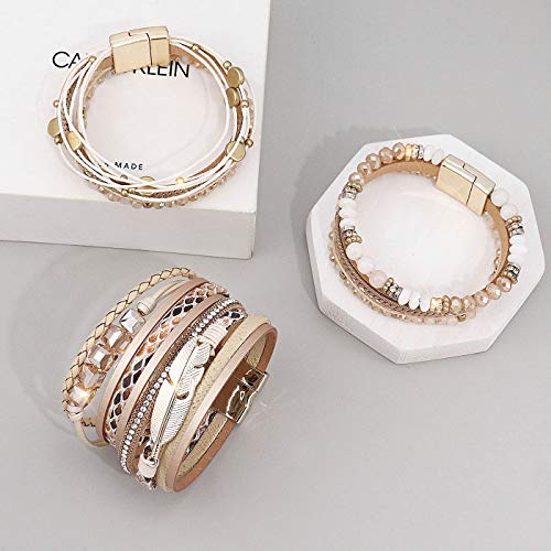 Wovanoo Leather Wrap Bracelet Set 3Pack Multilayer Cuff Bracelet Magnetic Clasp Bracelet Bead Crystal Bracelet for Women Girls Crystal