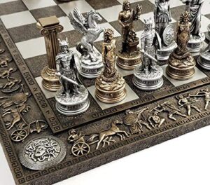 greek mythology olympus gods zeus vs poseidon pewter and bronze color chess set with 17" greek board