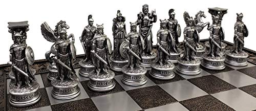 Greek Mythology Olympus Gods Zeus vs Poseidon Pewter and Bronze Color Chess Set with 17" Greek Board