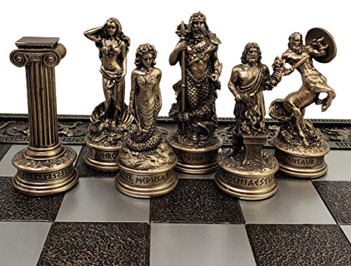 Greek Mythology Olympus Gods Zeus vs Poseidon Pewter and Bronze Color Chess Set with 17" Greek Board