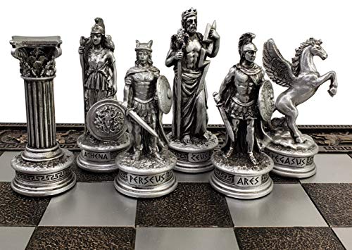 Greek Mythology Olympus Gods Zeus vs Poseidon Pewter and Bronze Color Chess Set with 17" Greek Board