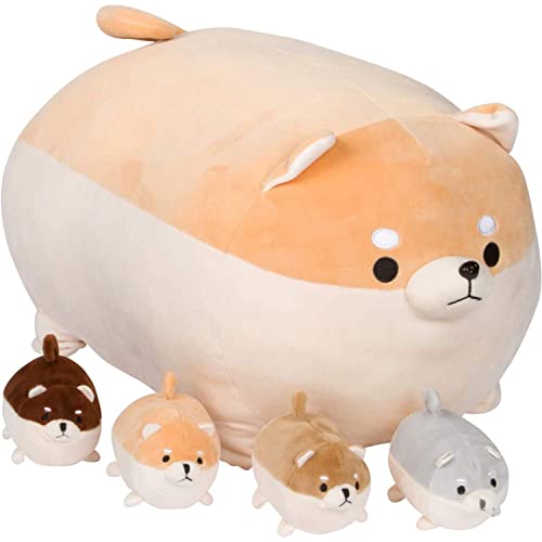 PixieCrush | Puppy Surprise with Babies Inside - Shiba Inu Stuffed Animals Mommy and 4 Baby Puppies in Tummy - Snugababies Plush Toy - Anime Corgi Dog Soft Pillow - Plush Toy Gifts for Boys and Girls